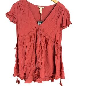 Matilda Jane Girls Coral Tassel Tie V Neck Flutter Sleeve Peasant Top Sz S